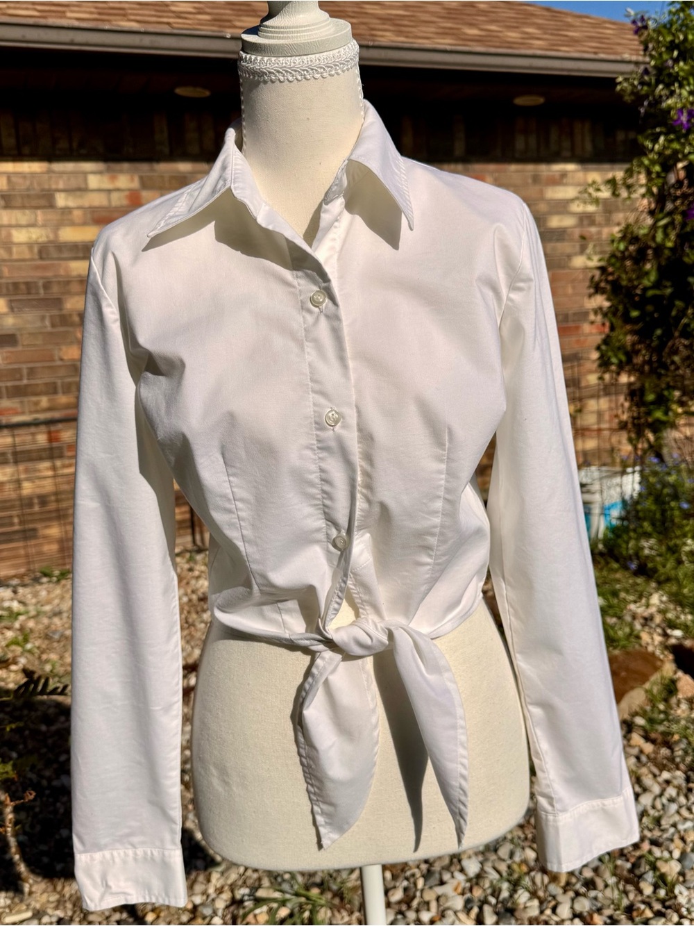 New York & Company White Tie-Front Button-Down Shirt, LS; XS